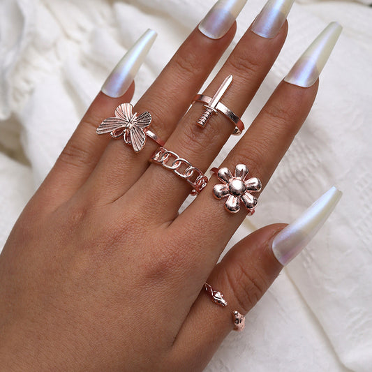 Unisex Flower Ring Set Of 5 Alloy Rings European American Fashion Jewelry For Women And Men Trendy Gift Deluxe