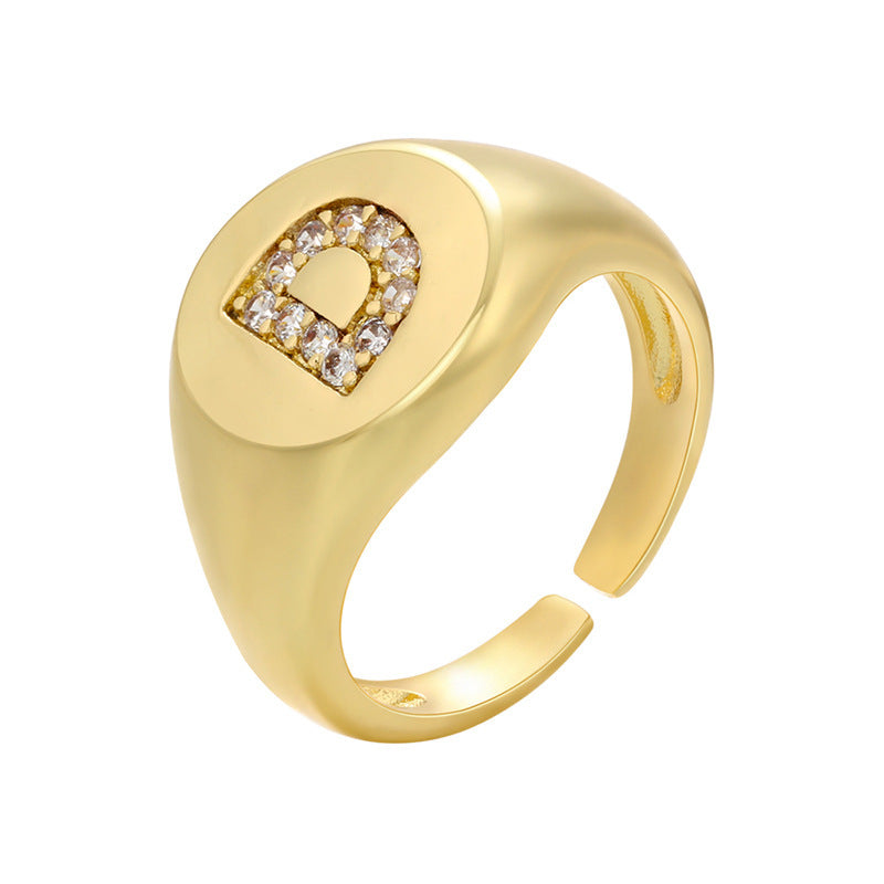 Women Adjustable Initial Ring Wide Band Gold Tone Diamond Accent Personalized Alphabet Jewelry Gift Daily Wear