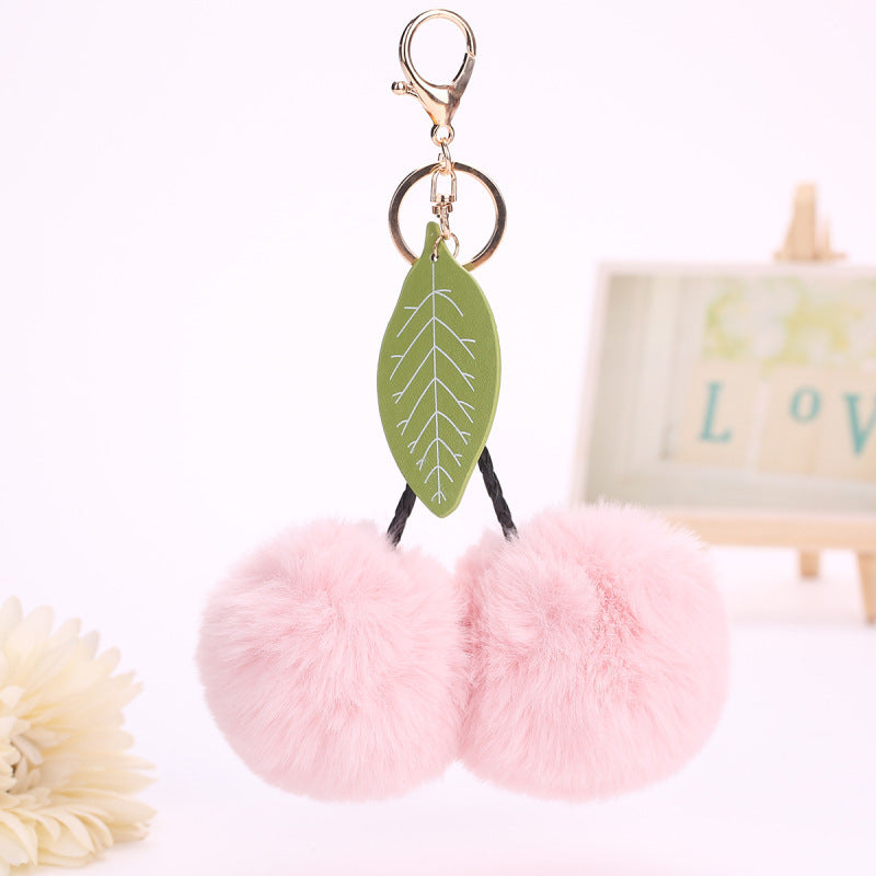 Womens Plush Cherry Keychain Cute Fruit Hair Ball Pendant Fluffy Pom Pom Handbag Charm Fashion Accessory Girls