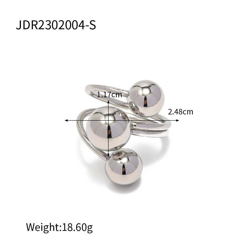 Open Mouth Geometric Titanium Steel Ring With Double Ball And Split Three Ball Design For Fashion Jewelry Chic