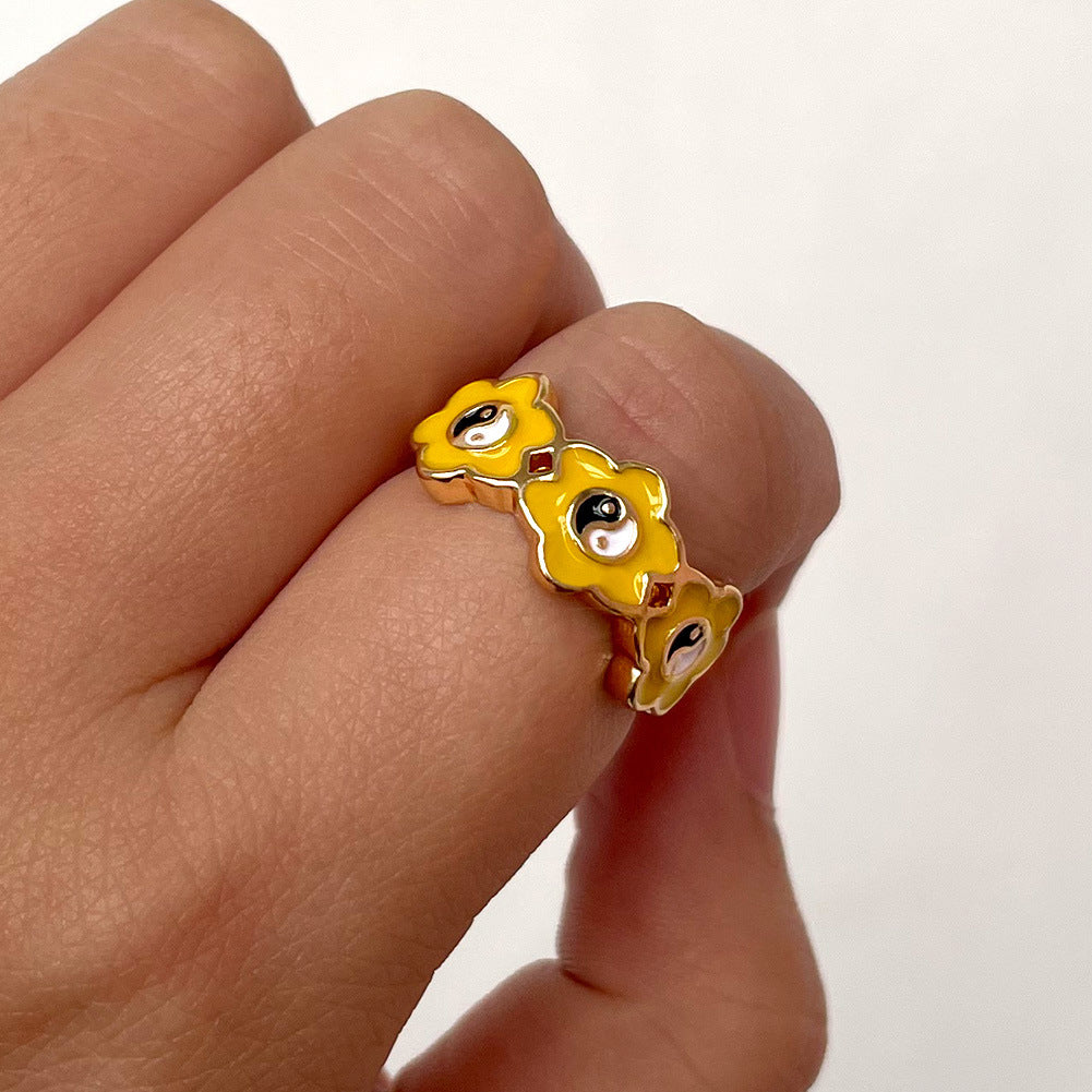 Womens Alloy Ring Drip Oil Color Flower Design Bagua Style Elegant Floral Ring For Women Fashion Jewelry Trend