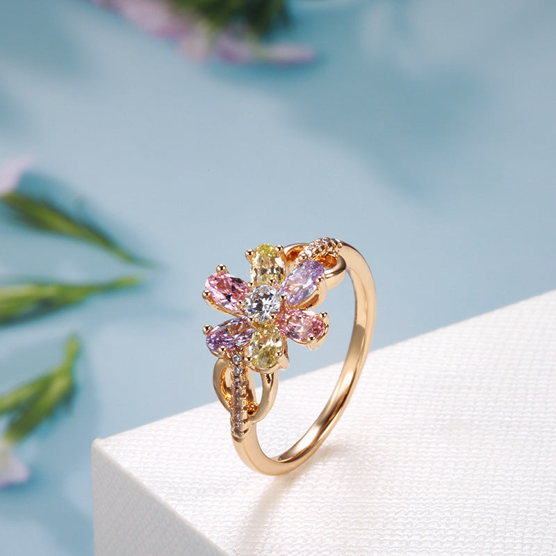 Simple Colorful Zircon 585 Rose Gold Flower Ring