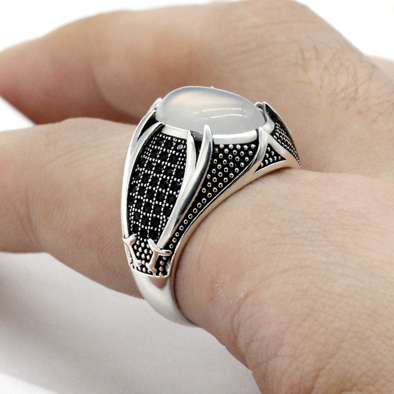 Womens Geometric Alloy Ring With Opal Inlay Electroplated Ancient Silver Finish European American Style Jewels