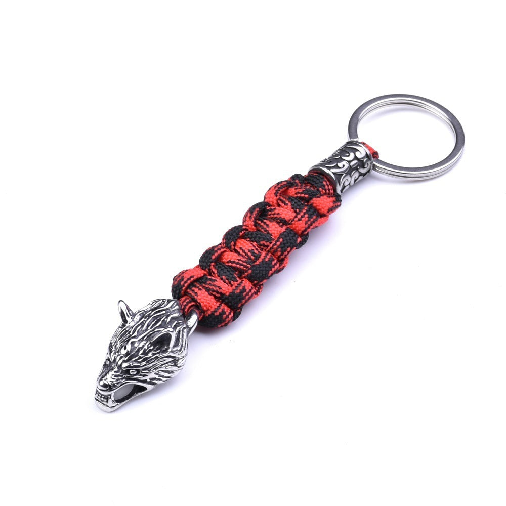 Paracord Key Ring With Wolf Head Beads Stainless Steel Keychain Length 15cm Durable Rope Craft For Outdoor Use