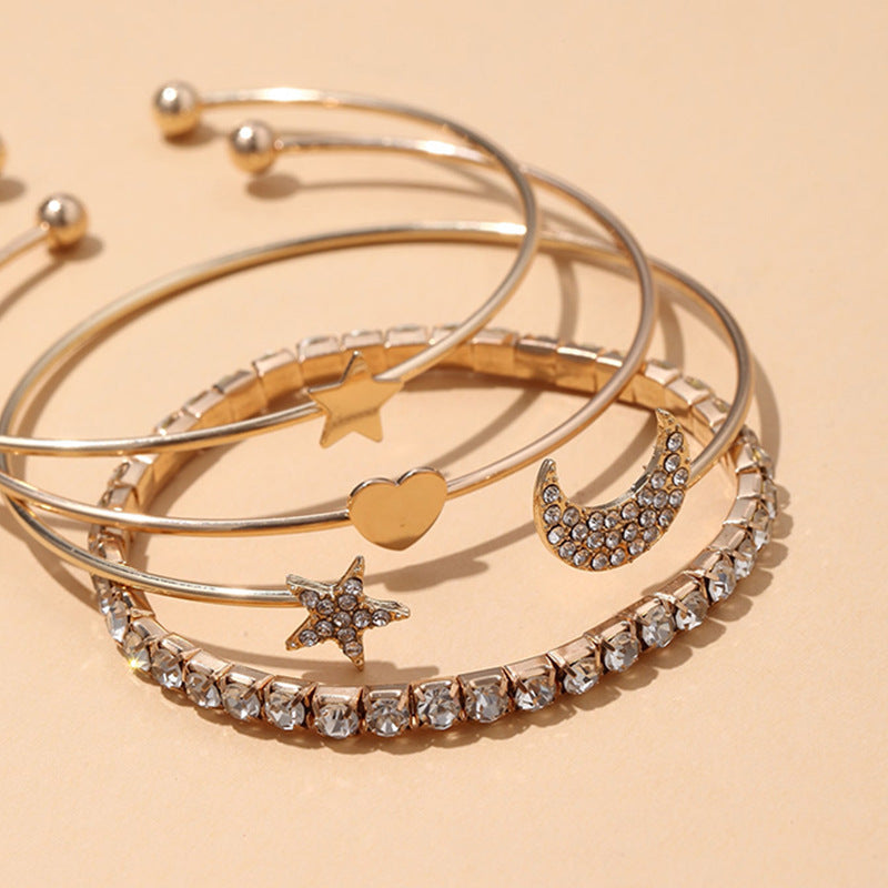 Womens Bracelet Set Gold Silver Geometric Star Moon Heart Celestial Peach Heart Charm Fashion Jewelry Alloy X4