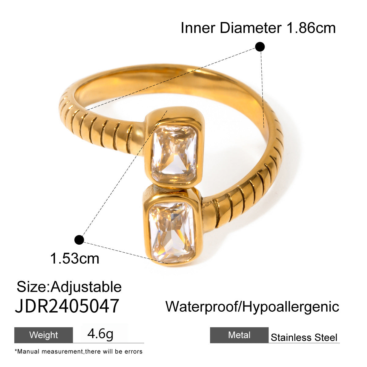 Unisex 18K Gold Plated Stainless Steel Ring With Zircon Open End Geometric Line Design Electroplated Jewelry XL