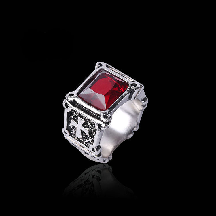 Mens Vintage Alloy Ring Gothic Cross Design With Red Rubies Electroplated Finish Perfect Gift For Men Fashion Ring And