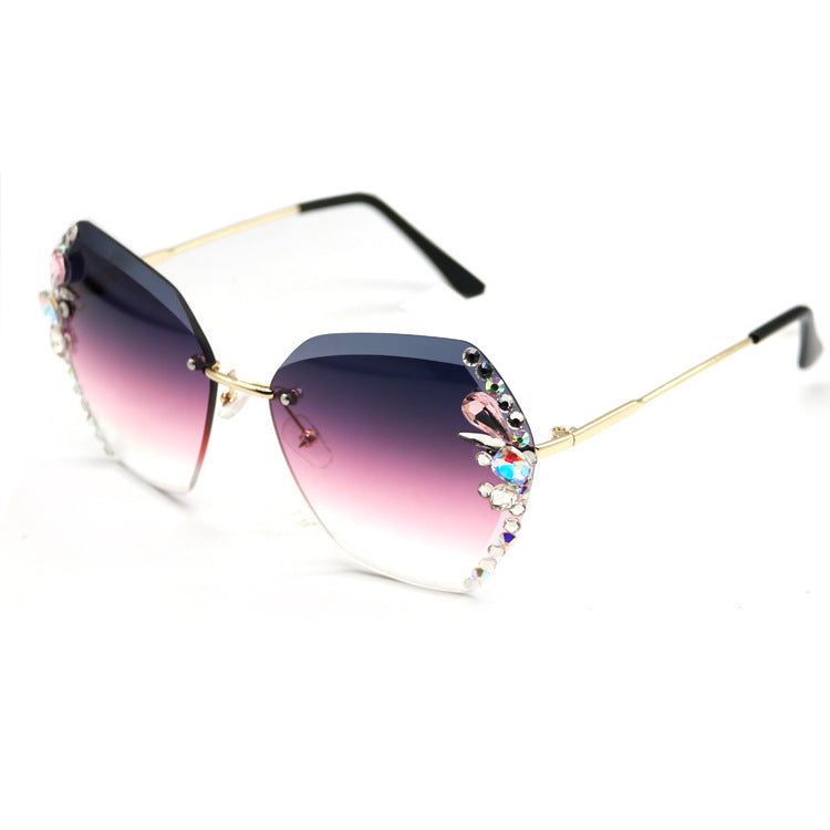 Womens Rhinestone Sunglasses Frameless Metal Frame PCLens Fashion Eyewear Exquisite Design Lightweight Glasses