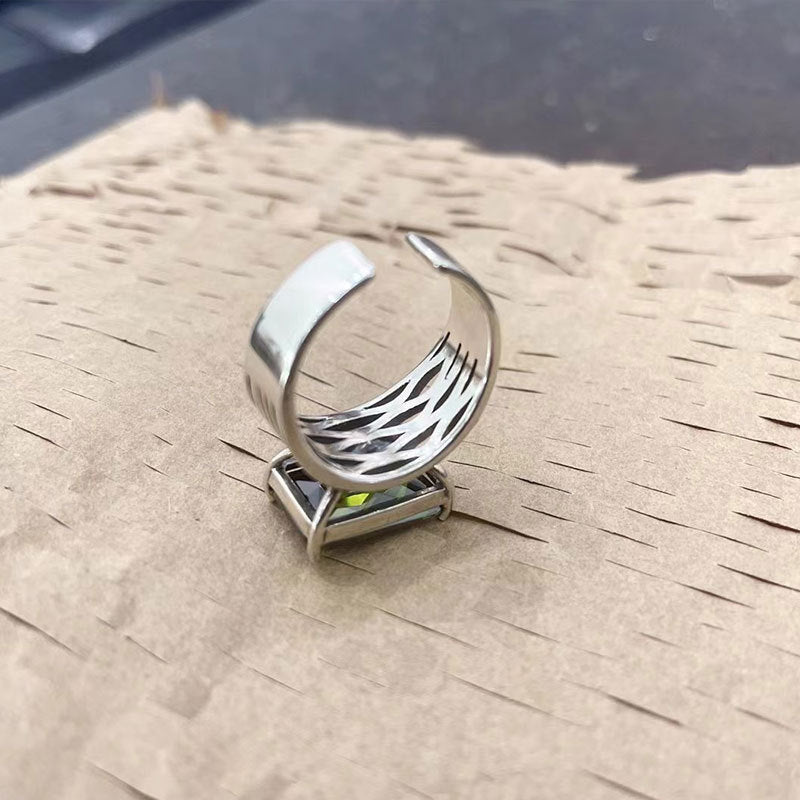 Womens Retro Heavy Industry Open Ring With Geometric Three Dimensional Decoration Adjustable Size Inlay Gemstone