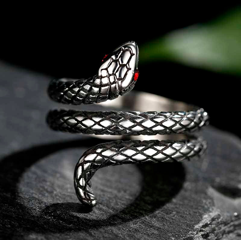 Red Eyed Cobra Python Snake Shaped Titanium Steel Ring