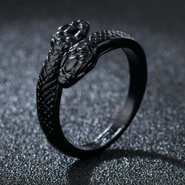 Gothic Double Head Snake Ring Adjustable Black Alloy Zircon
