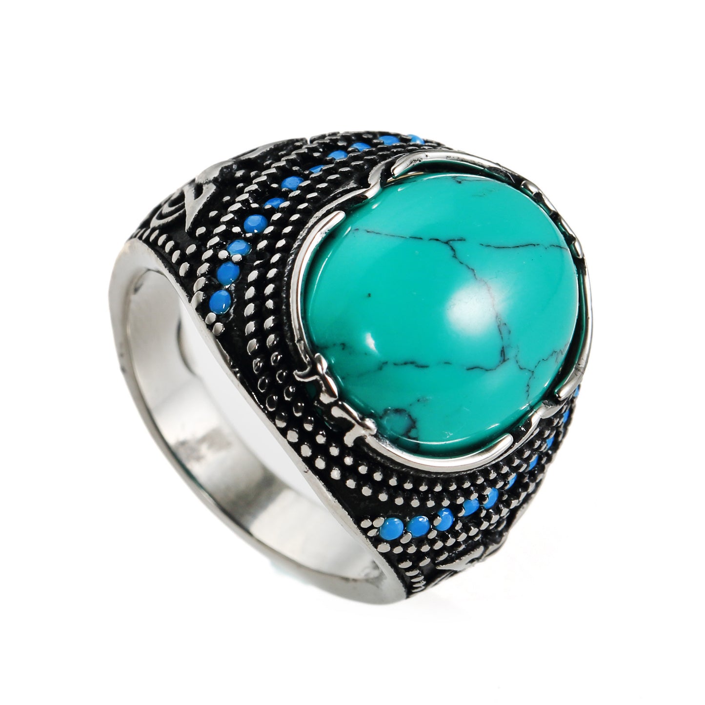 Mens Stainless Steel Ring Geometric Green Textured Turquoise Design Ring Durable Statement Fashion Jewelry Ring