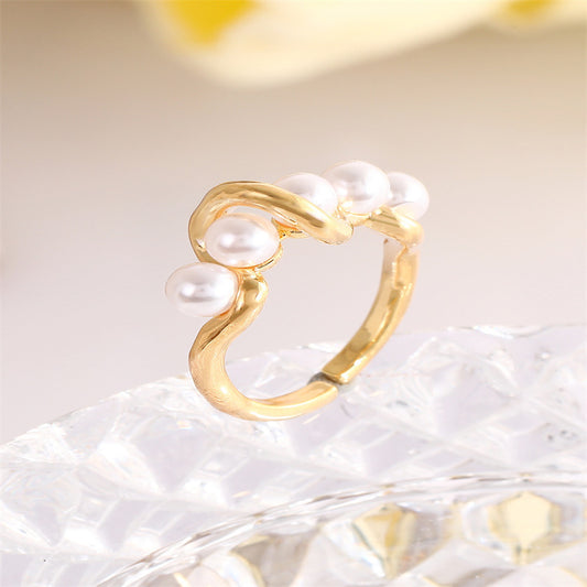 Copper Ring With Pearl Beads Adjustable Opening Geometric Wrap Design Electroplated Finish Jewelry Ring Styles