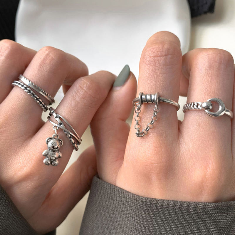 Thai Silver Geometric Chain Ring For Women And Girls Korean Retro Style Jewelry Non Inlaid Gift For Daily Wear