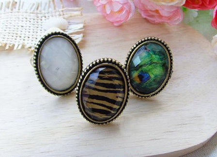 Women Alloy Ring Vintage Oval Cow Pattern Geometric European American Fashion Jewelry Unset Gemstone Ring Chic Lux