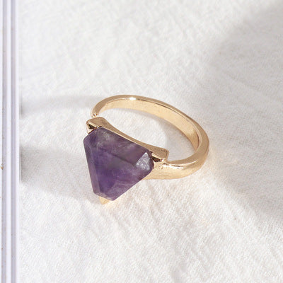 Womens Natural Amethyst Stone Ring Geometric Triangle Alloy Band Fashion Statement Jewelry Gift For Her Durable