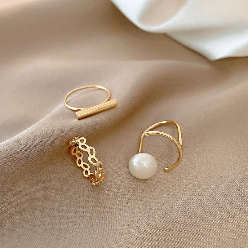Unisex Geometric Rings Set With Artificial Pearl Inlay Electroplated Metal Fashion Three Piece One Size Pearls