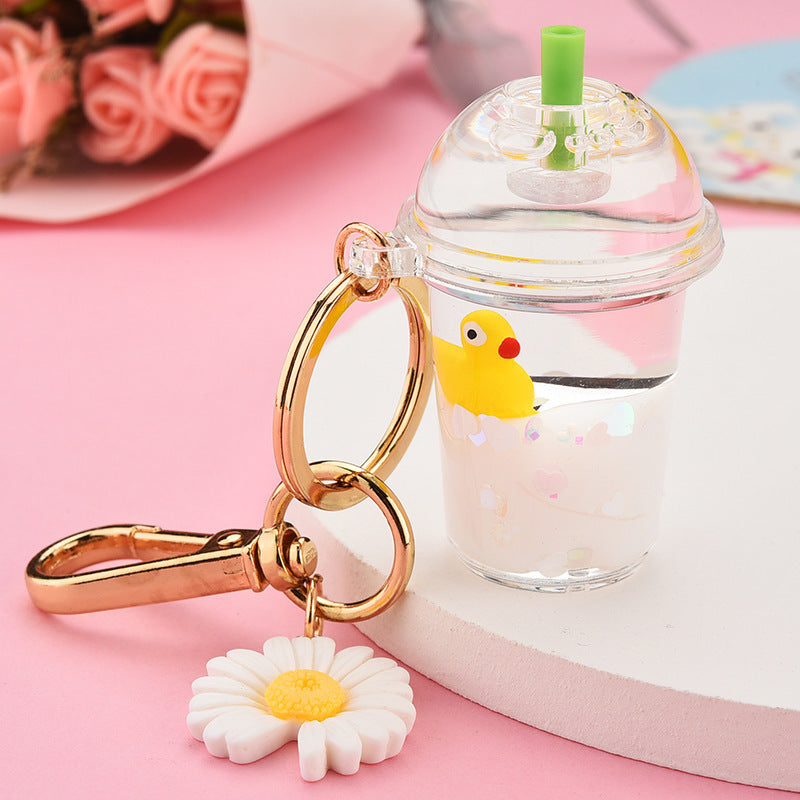 Milk Tea Cup Keychain With Cute Cartoon Animal Pendant Electroplated Charm Light Blue Lemon Yellow Pink Acrylic