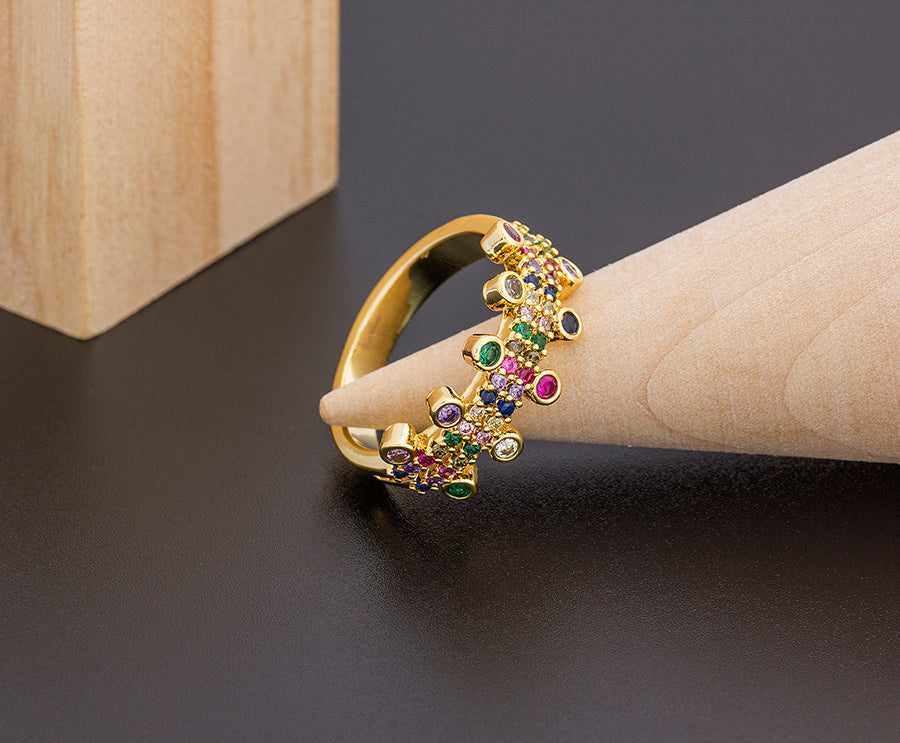 Rainbow Personality Geometric Ring Metal Inlaid Gold Unisex Jewelry With Mosaic Stones For Color Matching Wedding Gift