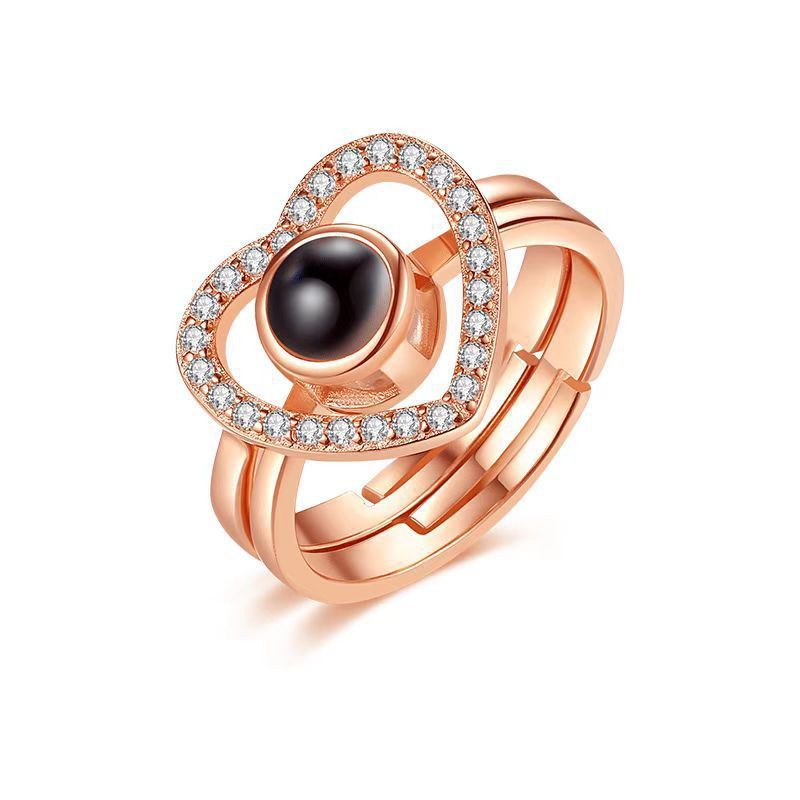 Couple Rings Love You Projection Adjustable Open Heart Rings Set Languages Rose Gold And Silver Alloy Matching