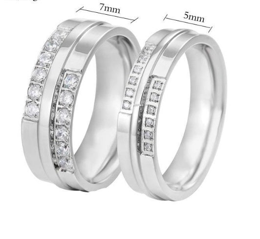 Stainless Steel Couple Ring Wedding Diamond Ring Set For Him And Her With 7mm And 5mm Wide Retro American Style