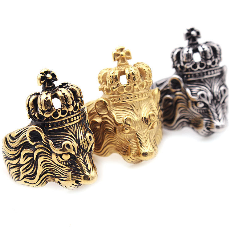 Unisex Crown Lion Ring Retro Geometric Titanium Steel Bolder Statement Jewelry Accessory Durable Everyday Wear