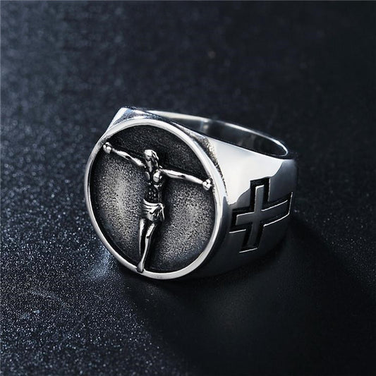 Mens Vintage Cross Ring Stainless Steel Geometric Design Durable Fashion Statement Jewellery For Everyday Wear