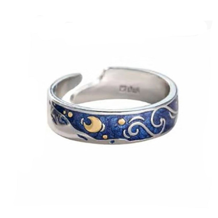 Blue Starry Sky Couple Couple Rings Ocean Blue Enamel Opening