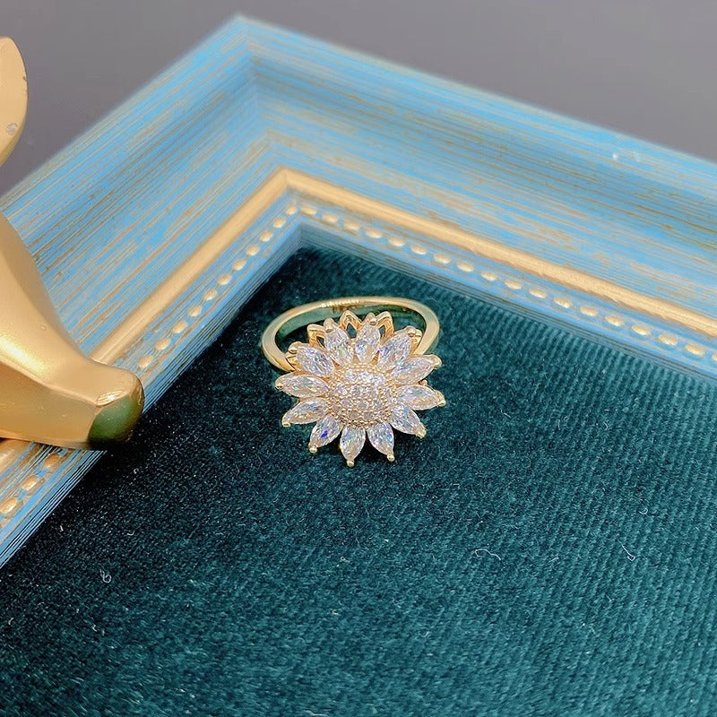 Women Rotating Flower Ring Zircon Adjustable Open Copper Metal Gold Inlay Elegant Fashion Jewelry Gift For Her