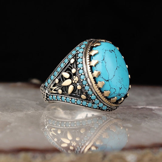 Mens Geometric Ring Electroplated Two Tone Metal Alloy Ring Inlaid Turquoise Stone Trendy Accessory Fashionable
