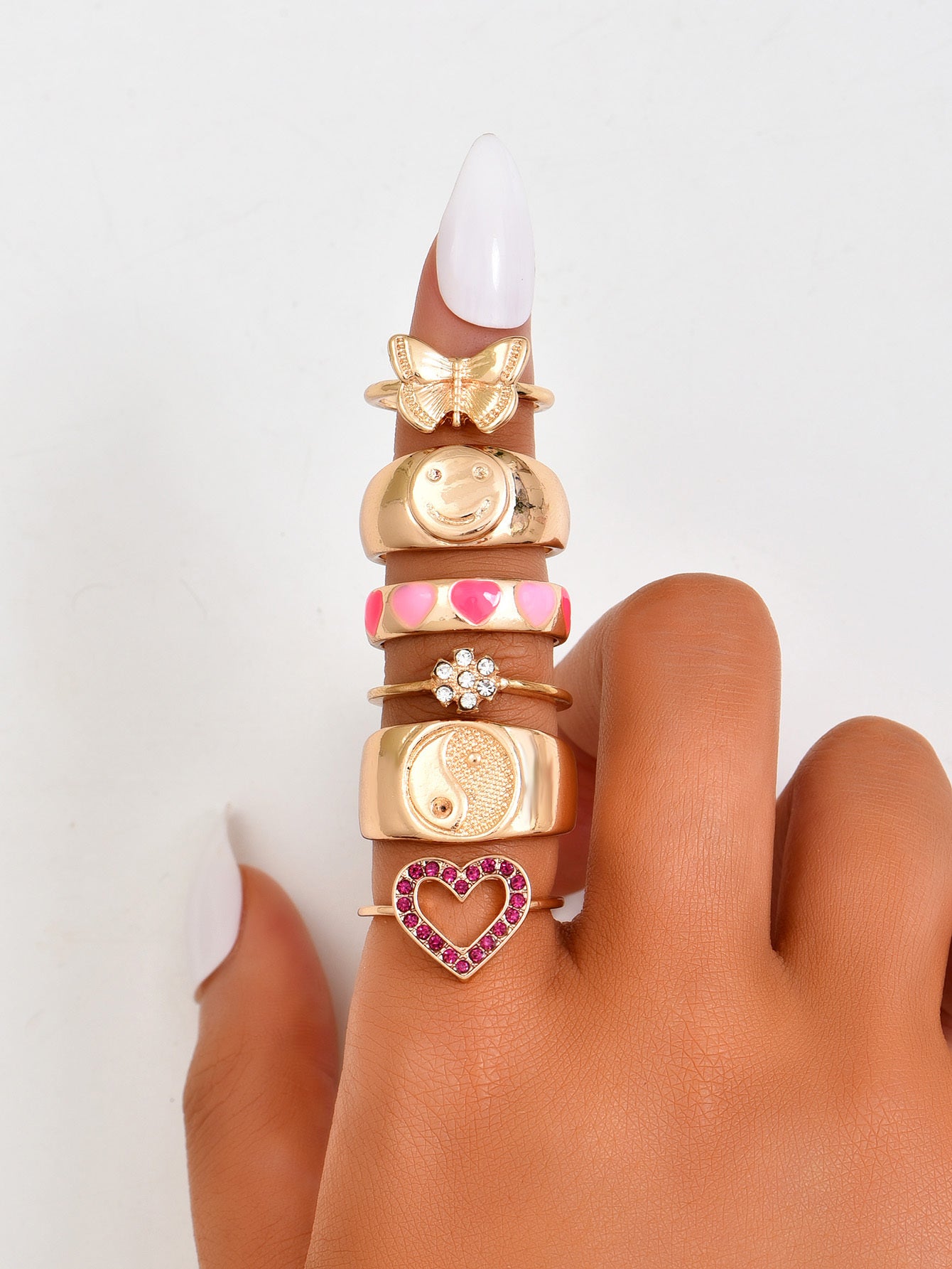 Trendy Butterfly Smiley Ring Set Geometric Rings Korean Style Zinc Alloy Jewelry For Holiday Gift Fashion Accessories