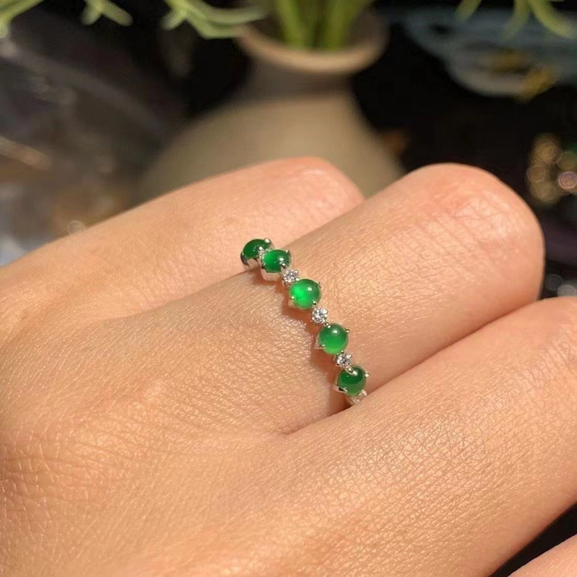 Open Green Chalcedony Stackable Ring Adjustable Copper Electroplated Dainty Fashion Jewelry Gift Elegant Style