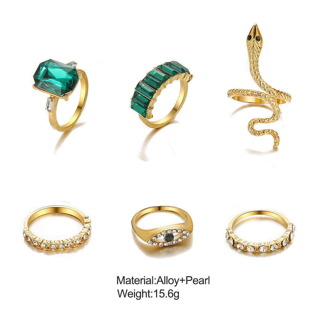 Green Rhinestone Geometric Ring Set For Women Six Piece Alloy Electroplated Jewelry For Women And Girls Trendy