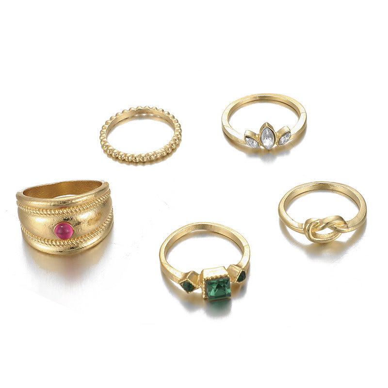 Womens Retro Knuckle Rings Set Wide Alloy Inlaid Gems European Geometric Design Electroplated Finish Design Set