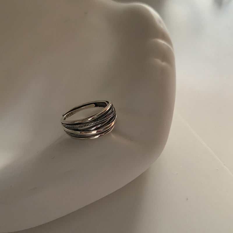 Vintage Silver Plated Five Pointed Star Ring Adjustable Opening Retro Old Processing Technique Star Chain Ring