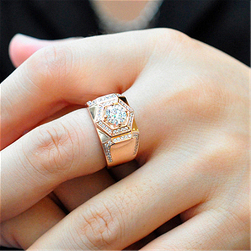 Mens Hexagonal Diamond Ring 18K Rose Gold Plated Platinum Finish Adjustable Band Geometric Jewel Gifts for Him