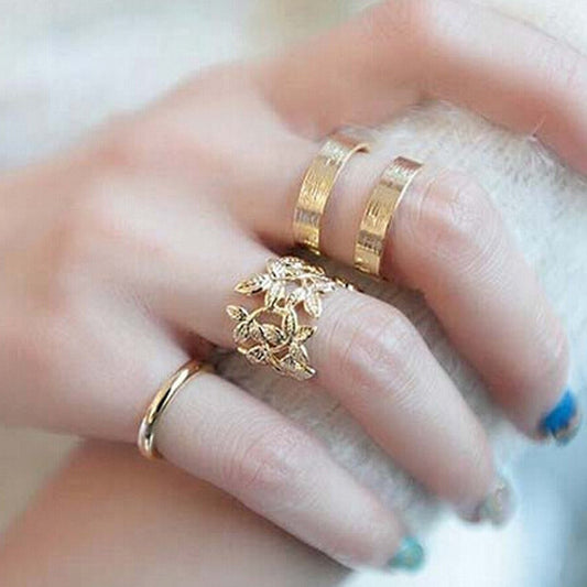 Three Piece Alloy Ring Set Heart Shaped and Tree Leaf Design Korean Fashion Jewelry for Women Elegant Chic Everyday