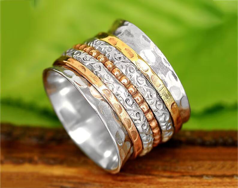 Womens Geometric Alloy Ring Rotatable Antique Silver Finish