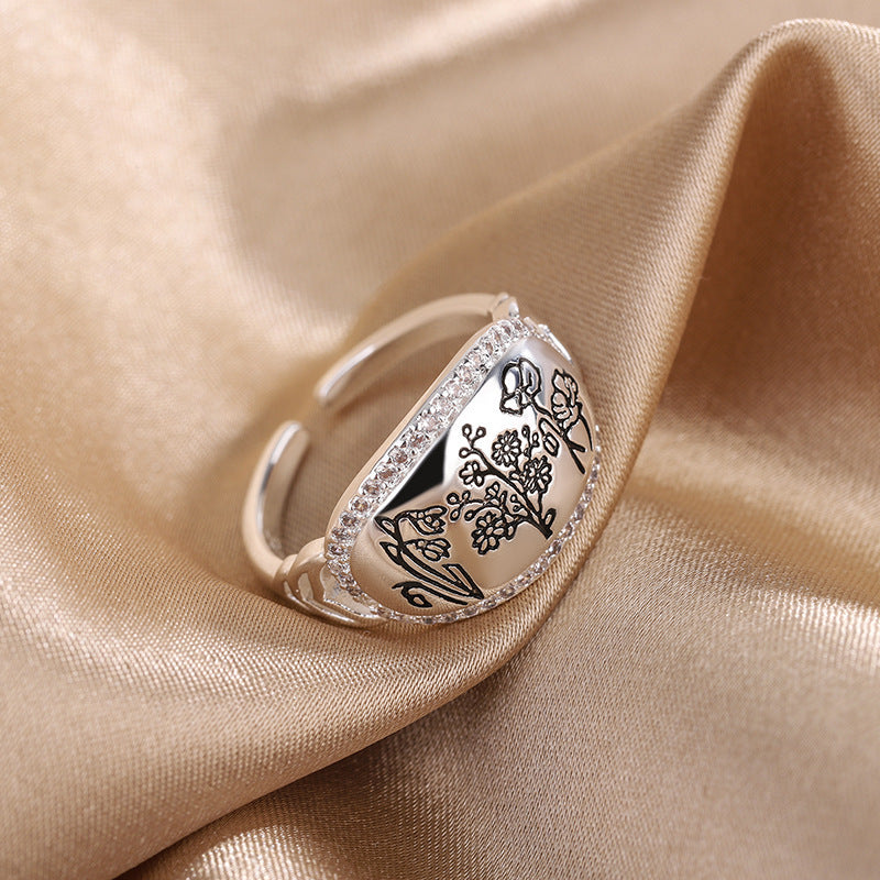 Geometric Flower and Grass Ring for Women Silver Copper Electroplated Adjustable Opening Size 12mm Wide 16mm Diameter
