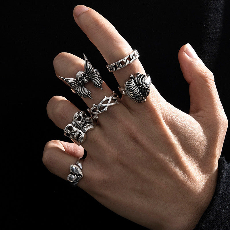 Mens Vintage Ring Set Darker Wind Alloy Rings With Distressed Bat Skull And Double Headed Snakes Design Gothic