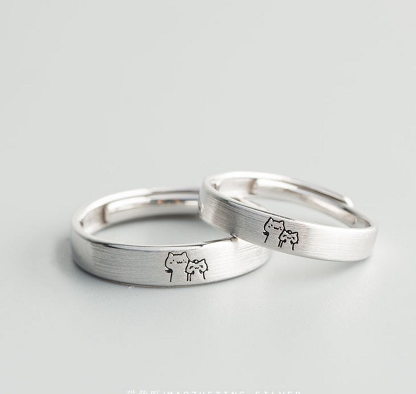 Cat Couple Rings Matching Set For Him And Her Copper Platinum Plated Ancient Method Crafted Opening Copper For