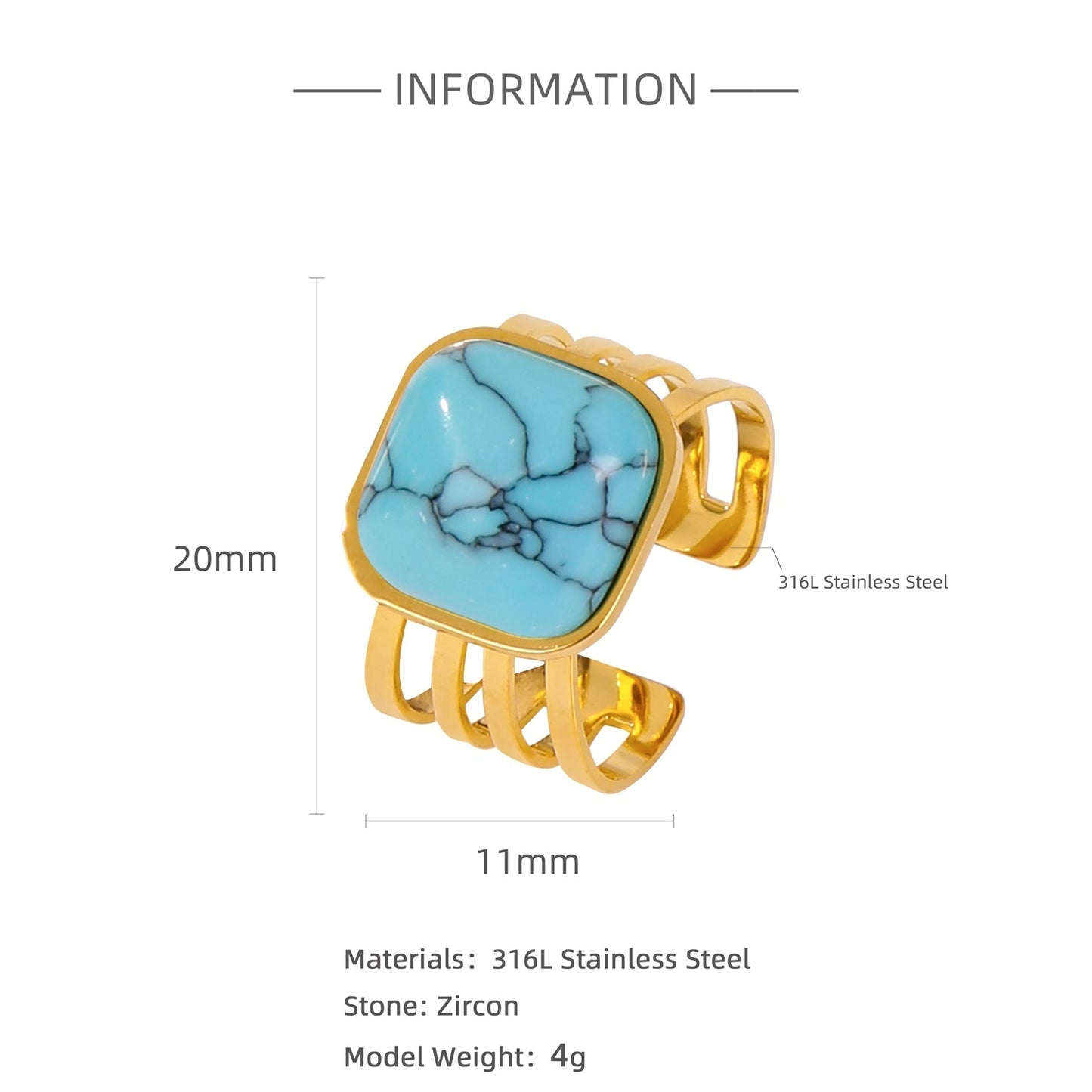 Inlaid Natural Stone Ring For Women Stainless Steel