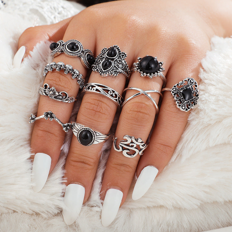 Womens Retro Flower Ring Set 11 Pcs Alloy Electroplated Knuckle Rings Vintage British Fashion Jewelry Set Line