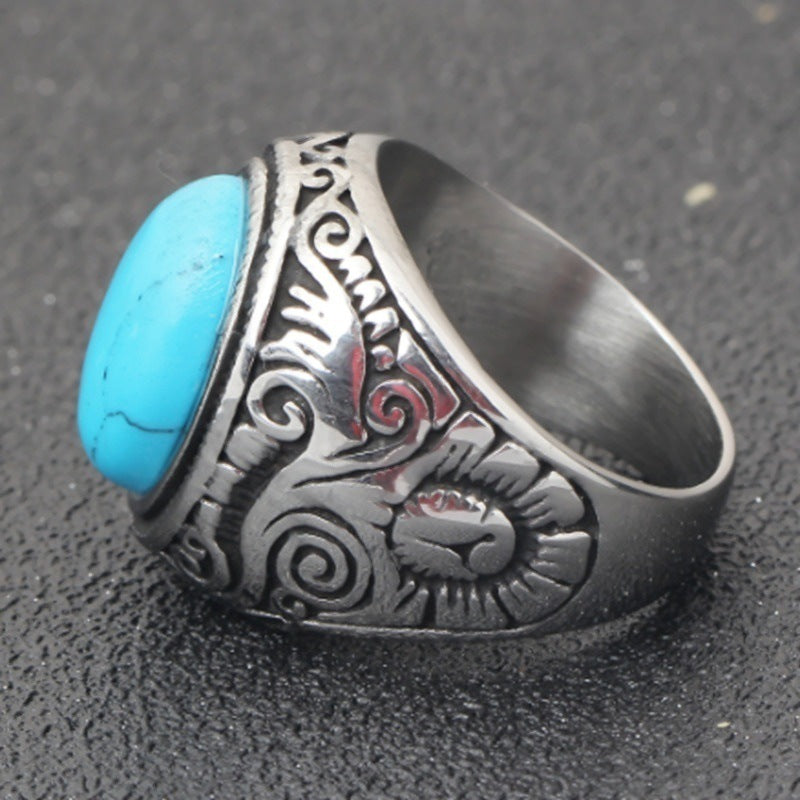 Unisex Alloy Carved Ring Turquoise Inlay Electroplated Band Punk Trend Statement Ring Gift For Women Style Pro