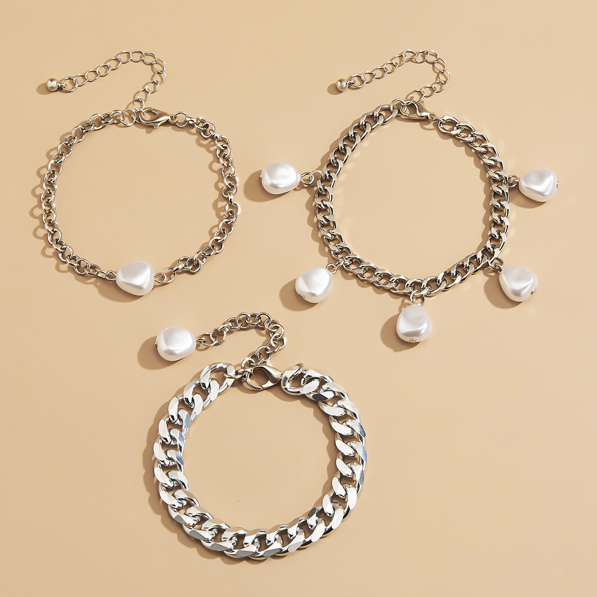 Geometric Aluminum Chain Bracelet Set For Women Three Piece Jewelry Gift Gold Tone Everyday Wear Pearl Accents