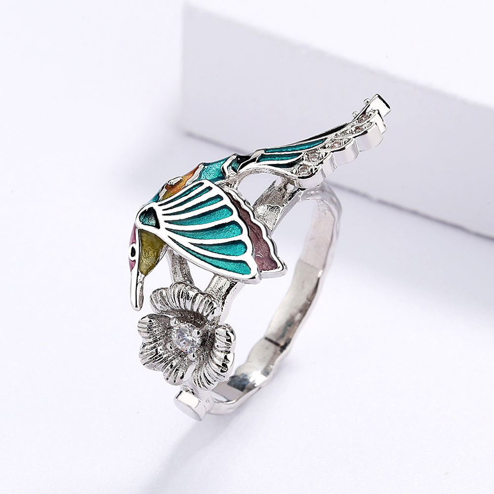 Womens Hummingbird Ring Epoxy Colorful Animal Bird Zircon Inlaid Alloy Drip Pastoral Style Jewelry Hummingbird