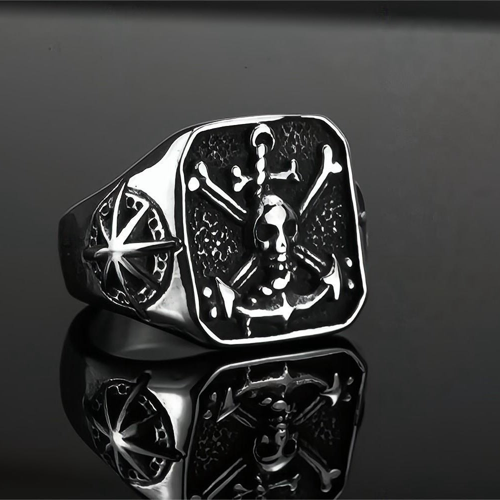 Mens Titanium Steel Ring Geometric Retro Pirate Star Design