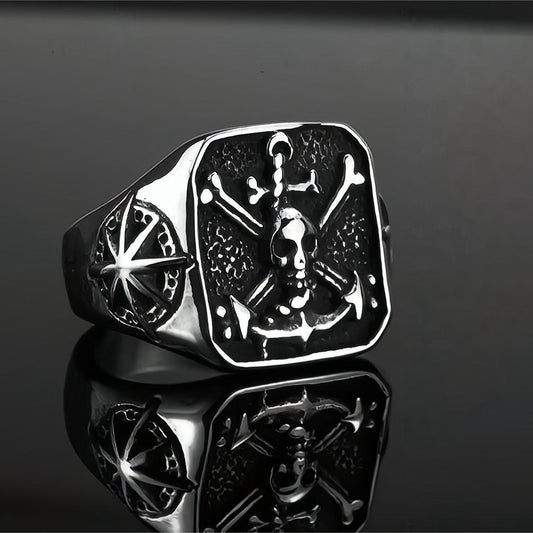 Mens Titanium Steel Ring Geometric Retro Pirate Star Design