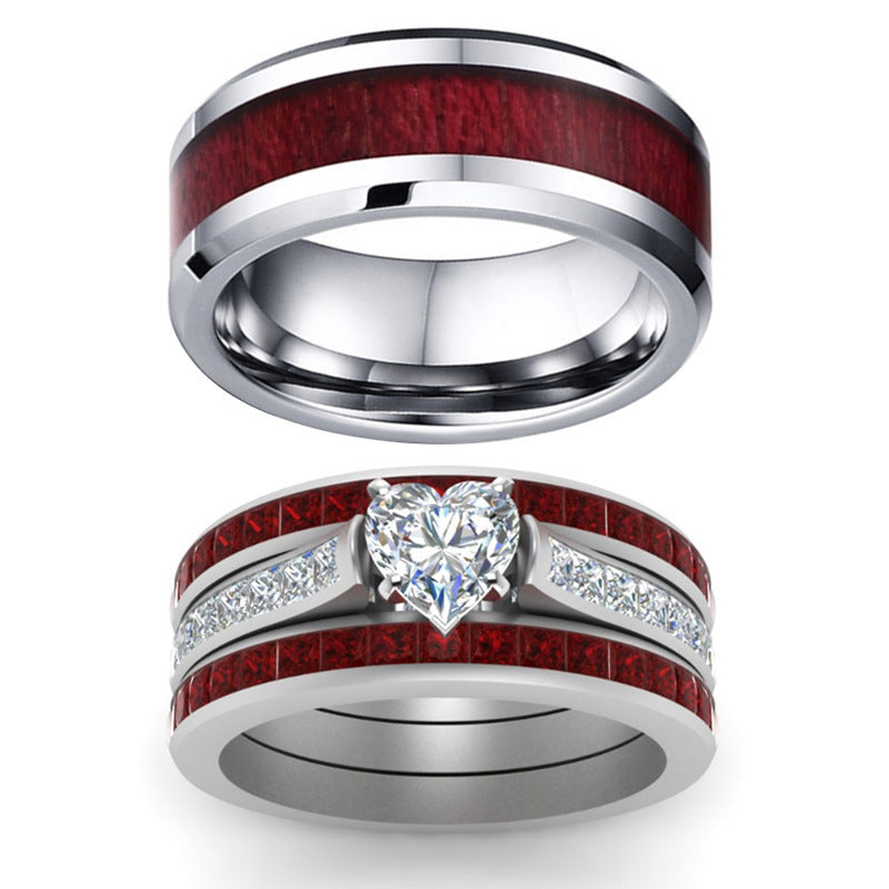 Couple Ring Set In Heart Ruby Accent And Diamond Inlay Trendy Matching Alloy Bands For Him And Her Anniversary