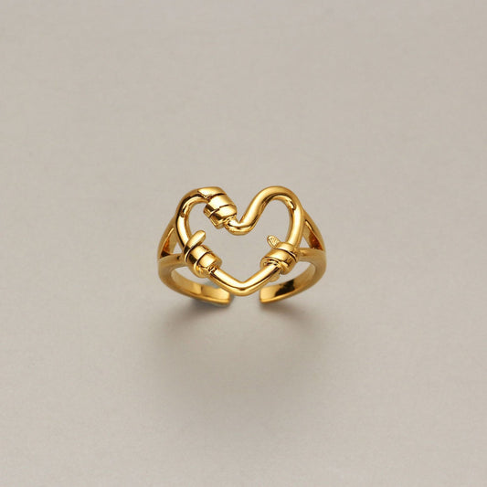 Womens Heart Shaped Ring Gold Plated Copper Hollow Winding Adjustable European American Fashion Jewelry Trendy